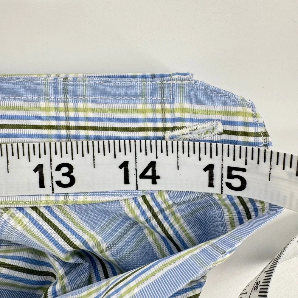 Turnbull Asser Bespoke Mens Blue Green‎ Plaid Dress Shirt Neck 15